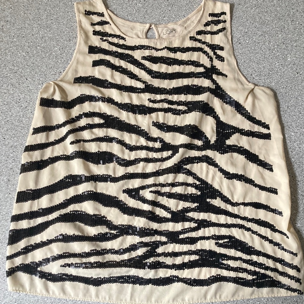 Ann Taylor Loft cream tank with black sequins in a zebra pattern. Made in India
